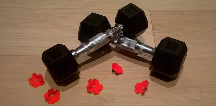 Picture of a pair of fitness dumbells with red flower petals